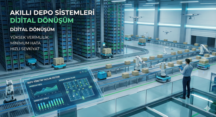 Dijital dönüşüm kapsamında kullanılan akıllı depo sistemleri, AS/RS robotik toplama üniteleri ve depo yönetim yazılımı ekranı.