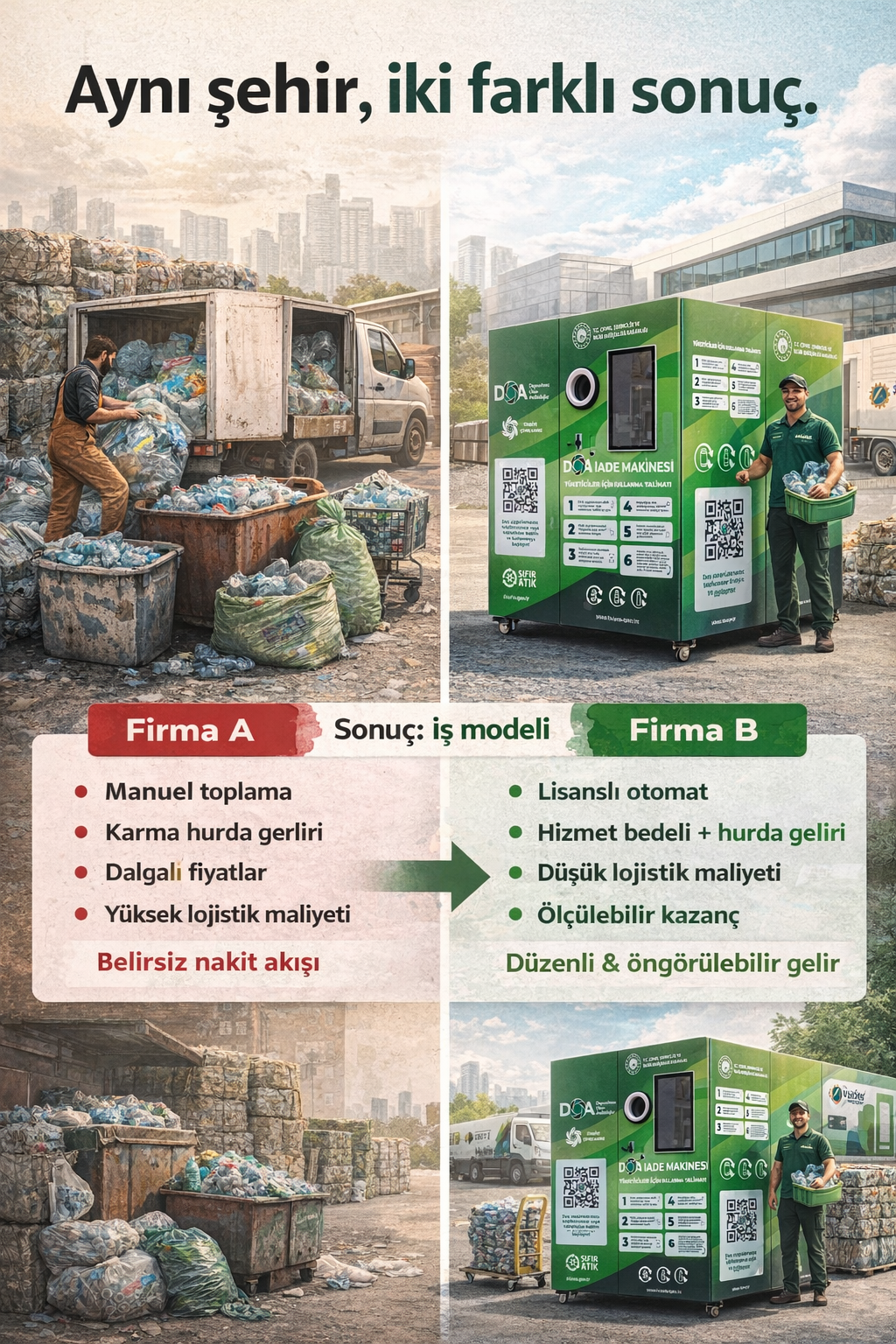 Aynı şehirde iki geri dönüşüm senaryosu: solda geleneksel operasyon, sağda depozito iade sistemiyle daha düzenli ve verimli model